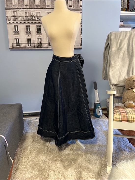 Pilcro Dresses & Skirts - Pilcro Dark Indigo Denim A-Line Midi Skirt with Contrast Stitching